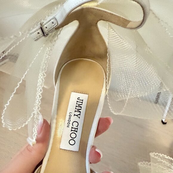 Jimmy Choo Averly 100 Satin Pumps Bow Mesh Detail Ankle Strap Stiletto Heels - Picture 3 of 13